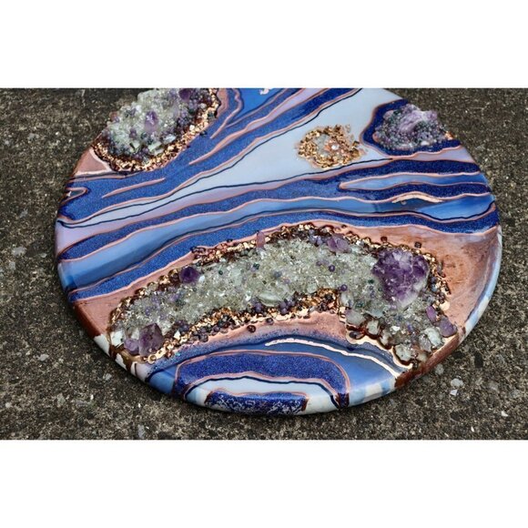 Geode Resin Art 18" Round Piece Purple Amethyst Crystals & Grape Agate - Picture 3 of 9